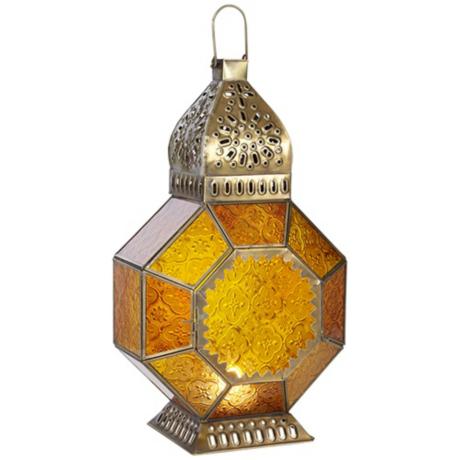Antique Brass and Amber Glass 16" High Lantern