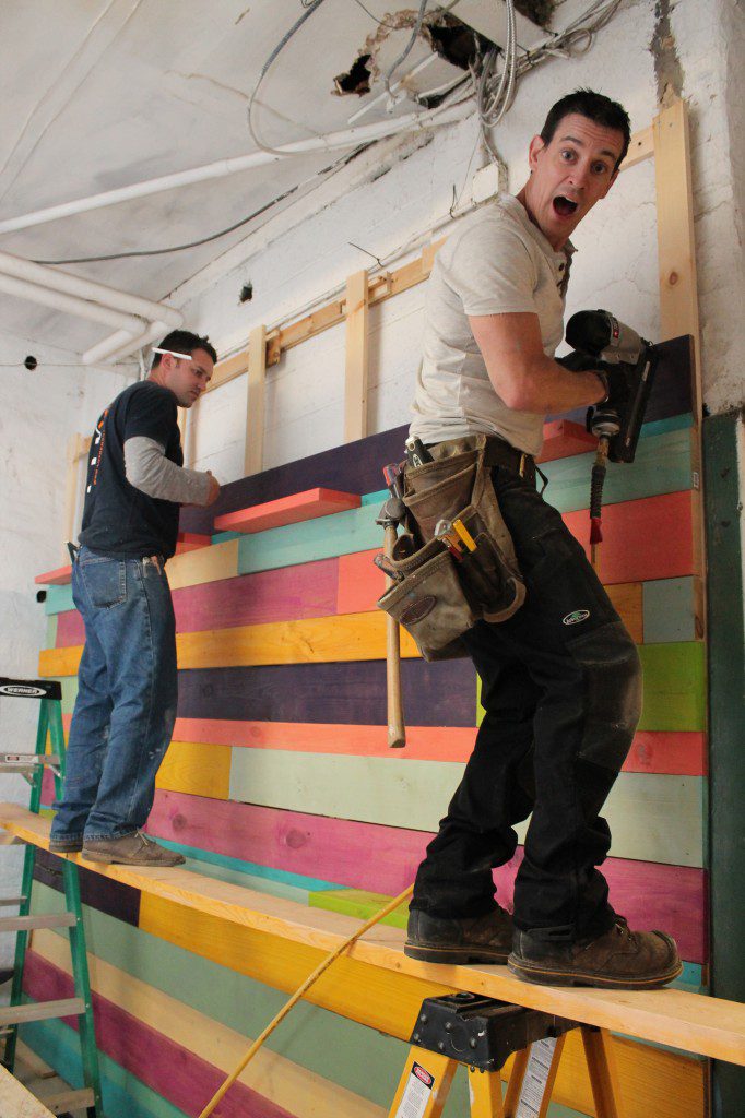 Mark and Chris from Lux Renovations install the painted wood National Rebuilding Day MyFixitUpLife
