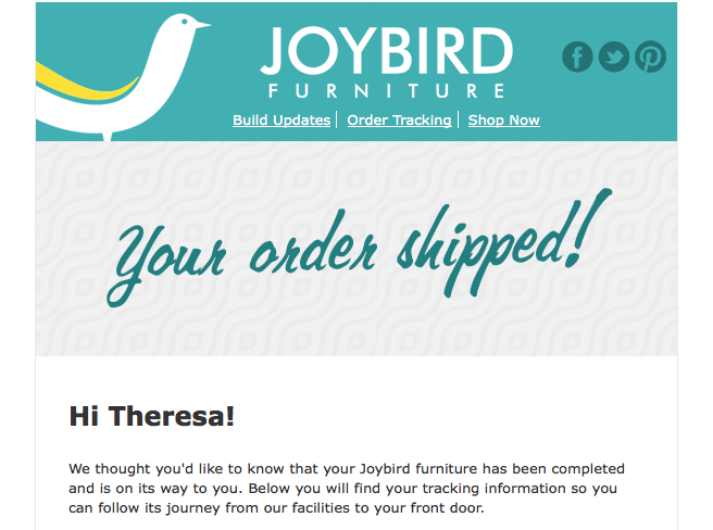 Joybird furniture Shipping email MyFixitUpLife