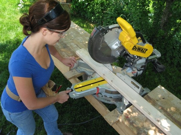 The brand of miter saw that Mark and Theresa love, DeWalt. And the cut station made from one sheet of plywood.