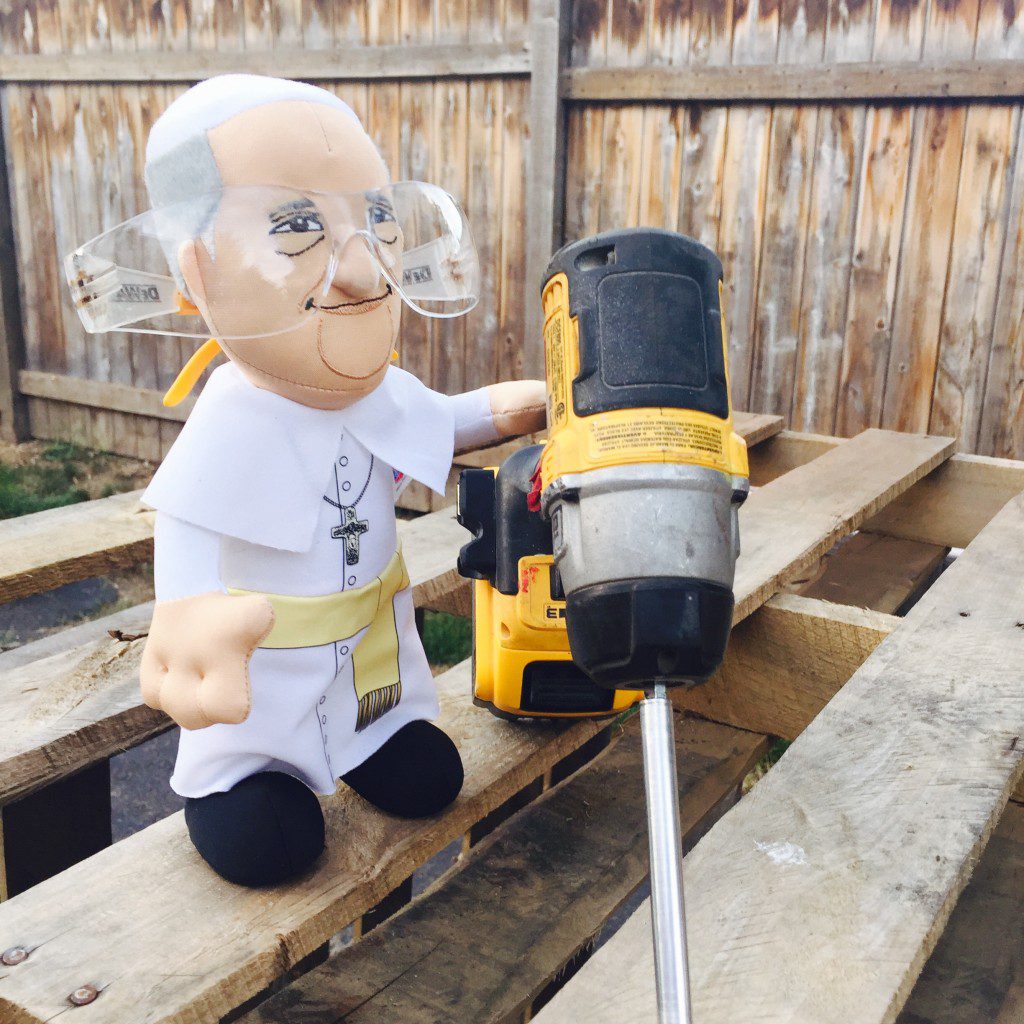We showed Plush Pope how to use an impact driver. He likes quite smart in safety glasses. 