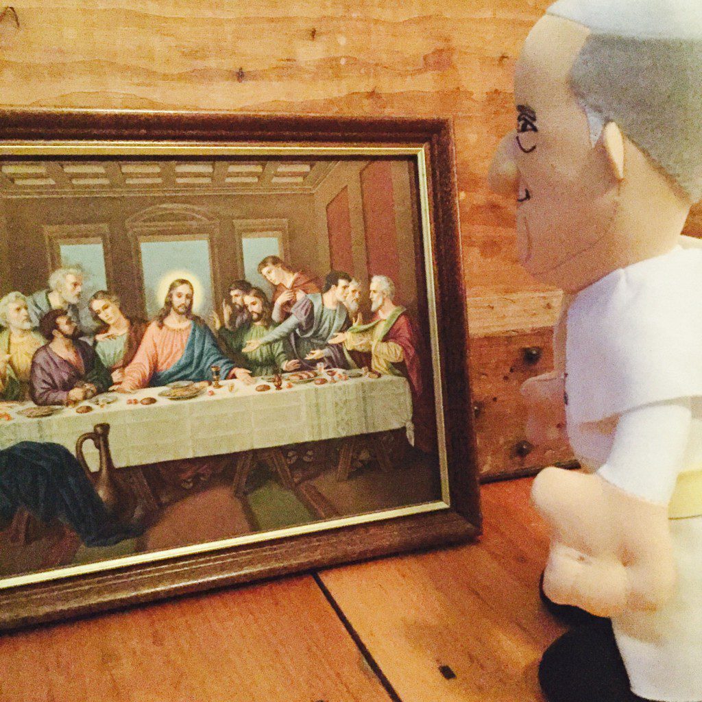 Plush pope was happy to see some familiar faces.