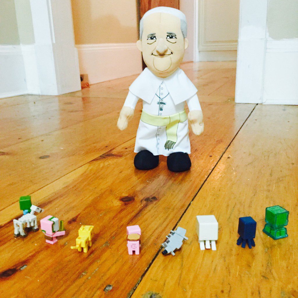 The Minecraft Minifigures had a lot of question. Plush Pope Francis was patient and kind. He answered all of them. 