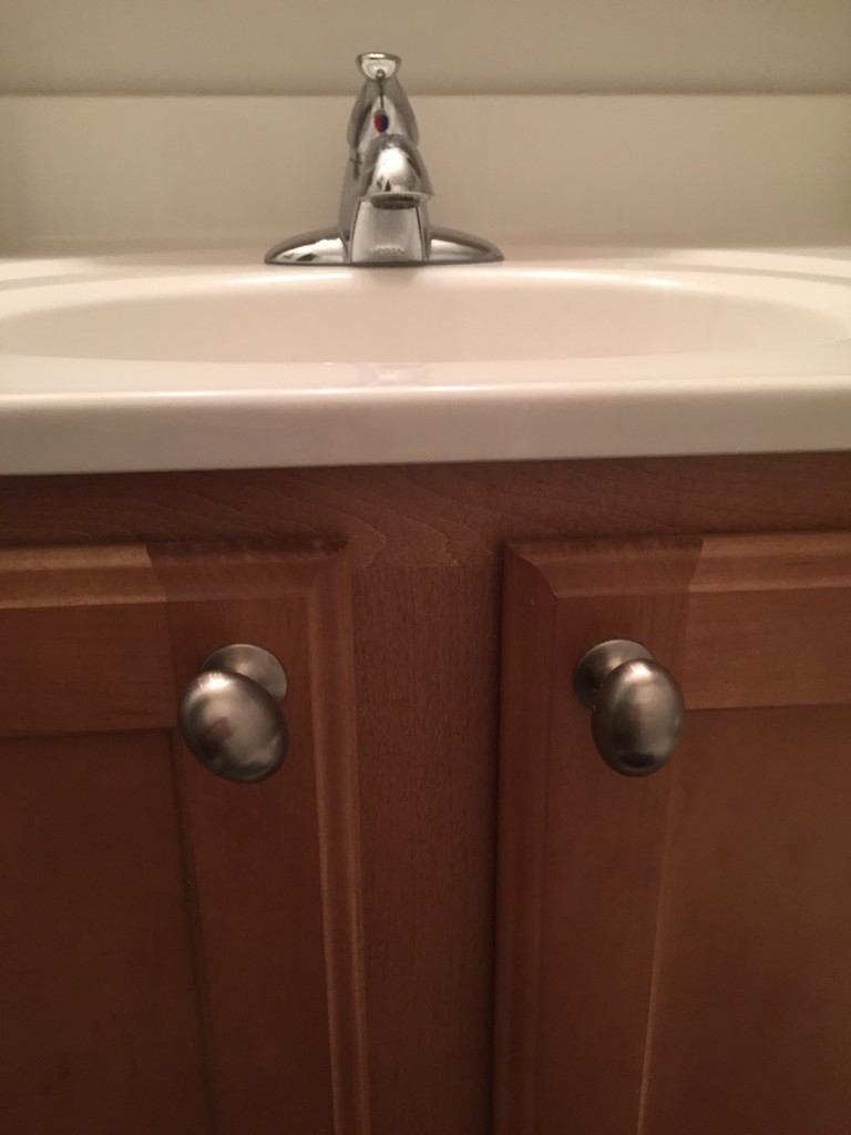 While there isn't anything wrong with the cabinet color, it just doesn't go with my mom's new bathroom mojo.
