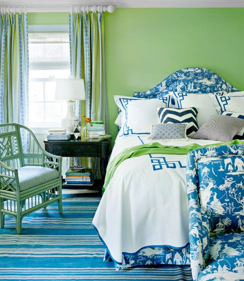 Greens and blues are perfect in the bedroom in an analogous color scheme like this.
