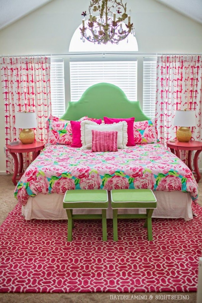 Bold pink and green are a complementary color scheme that goes way beyond Strawberry Shortcake. The little lamps add that bit of orange-yellow to turn this into a triad color scheme.