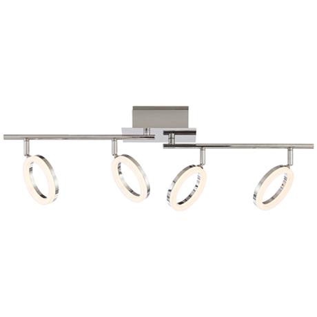 The four circular light heads with integrated LEDs comes in a sleek chrome finish, and features adjustable arms and light heads for versatility. LampsPlus KBIS2016