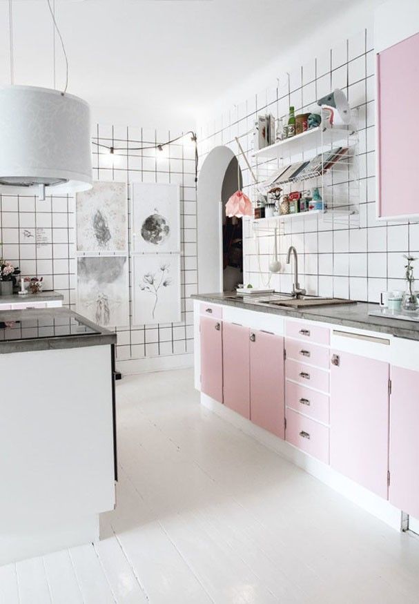 Pink usually makes me think of nurseries and vintage kitchens with cupcakes. This little retro kitchen shows off the fun side of the Pantone color of the year, Rose Quartz.
