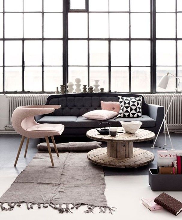 A modern loft living room look can work with Rose Quartz pink.