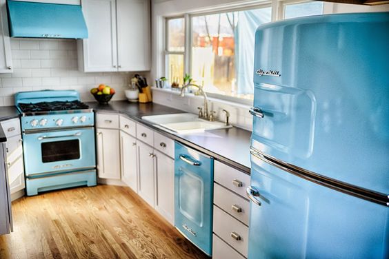 Blue is America's favorite color, so if you aren't sure of a color to choose in the kitchen, it's the safest bet. The color contrast aid in visually differentiating the parts of the kitchen - oven, refrigerator, counter - and the retro style increases a sense of comfort, too. Shown here is a Big Chill kitchen.
