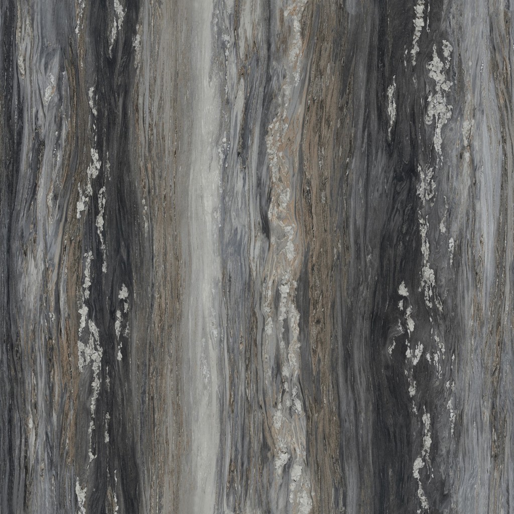 Black Fusion is a dramatic stone pattern, featuring a deep black background with gray, white and gold veining.
