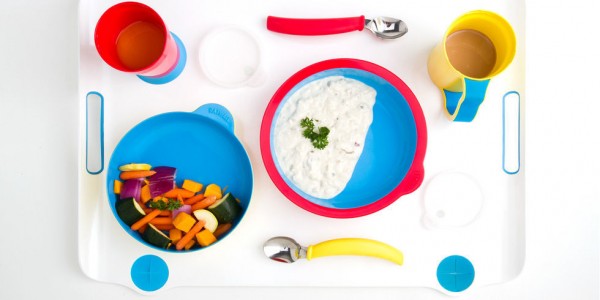 This tableware is designed for people with Alzheimer's. The color contrast helps make it easier to see what's for dinner. Shown here is Eatwell, a 20-piece tableware line