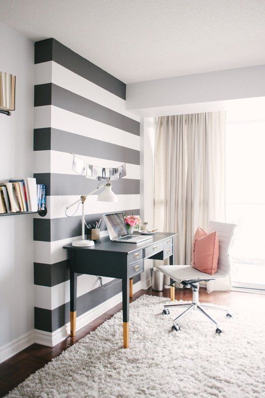  Celebrate the wall bump out with a horizontal black and white stripe gives drama and whimsy to a sophisticated space.