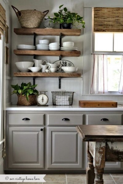 Love the look of a charming modern farmhouse kitchen, but there’s too much ‘out.’ Simplify what’s on the open shelves to just those items needed each day. 