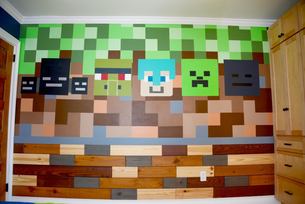 Then, for the rest of that wall, I painted 6 inch brown and green squares like the Minecraft logo.
