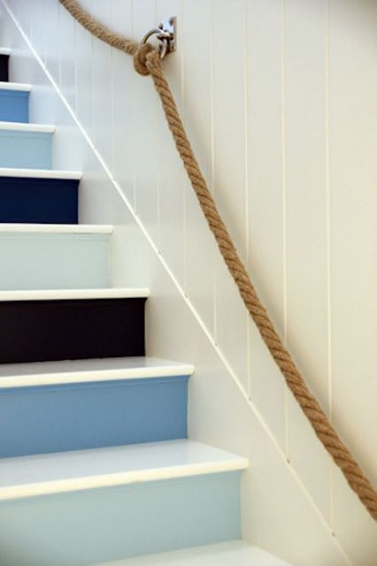 4 Hi stripe stairs. The multi-colored blue stairs, and rope handrail are seaside fun