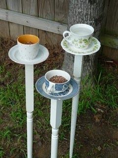 Birdfeeders and birdbaths are playful when they are made from teacups