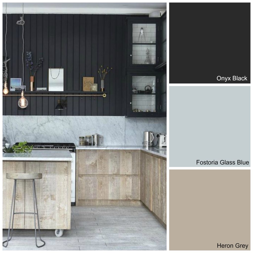 If you like industrial chic, try Onyx Black, Fostoria Glass Blue and Heron Grey.