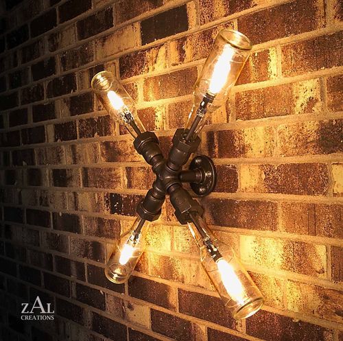 lighting out of beer bottles and galvanized pipe for an industrial look