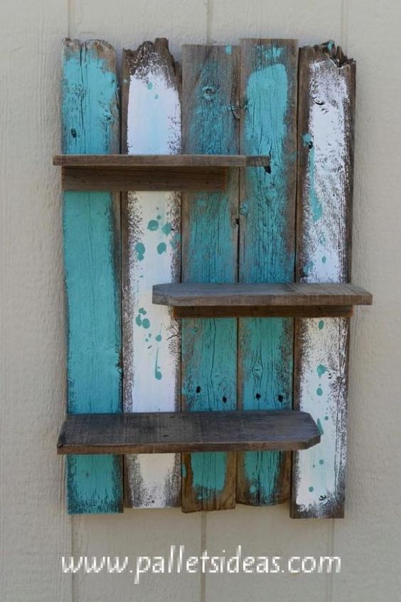 Pallet shelf painted and distressed adds texture and charm