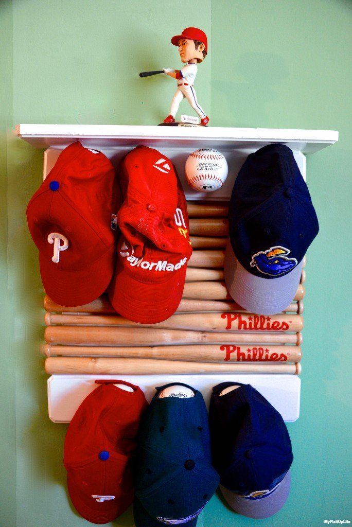 We made this shelf for a little baseball player's boy cave