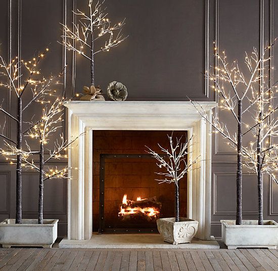 1 Holiday light mantel fireplace trees