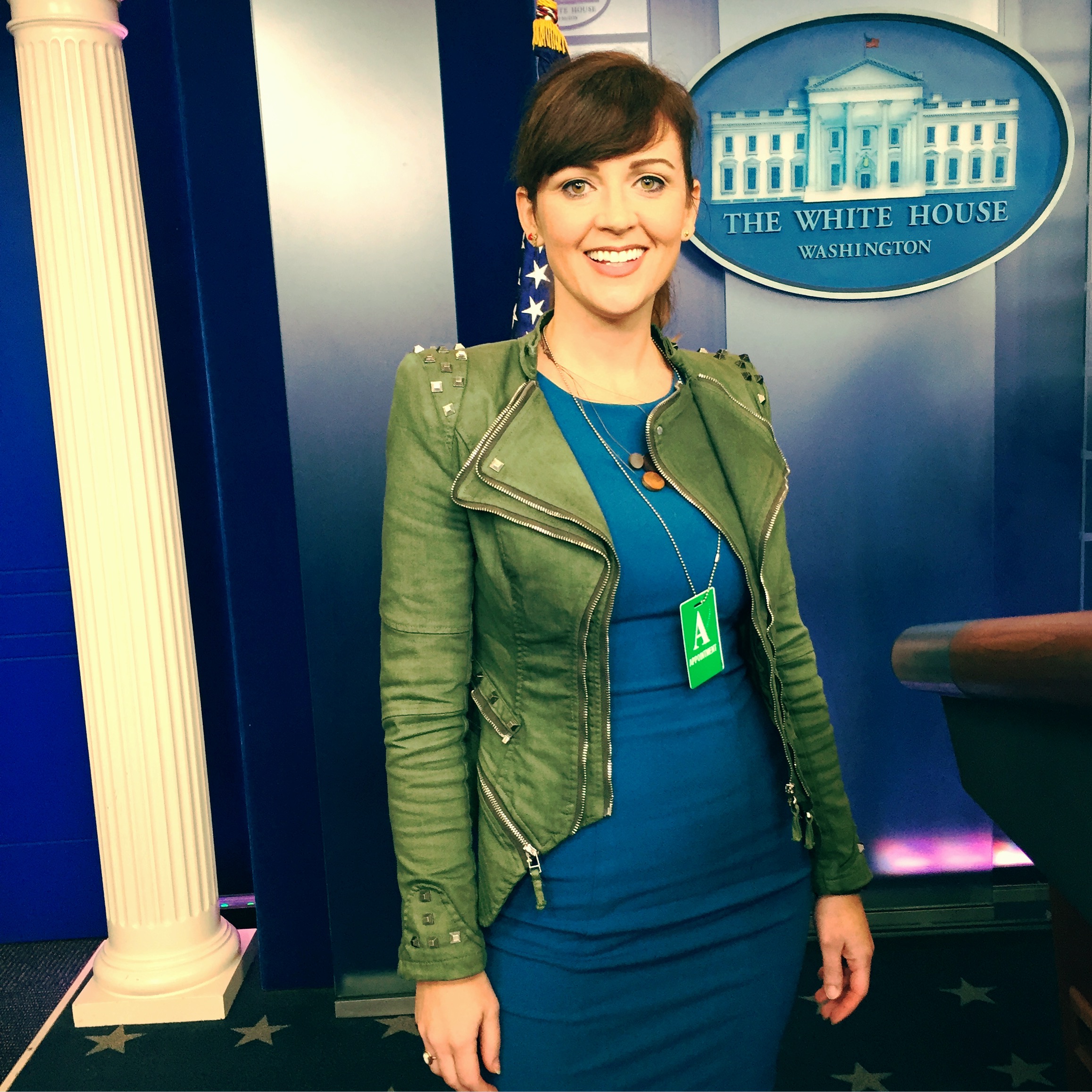 Channeling my inner CJ Cregg, I posed by the podium in the press room at the White House. 