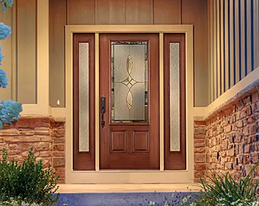 Therma-Tru Fiber-Classic Mahogany door with side lites and privacy glass.