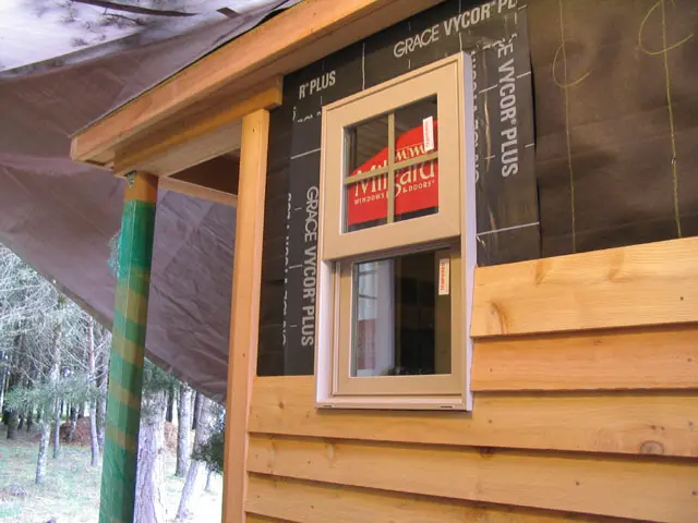 Cedar siding install with Vycor flashing, WRB, and corner boards, courtesty Todd Miller Architecture.