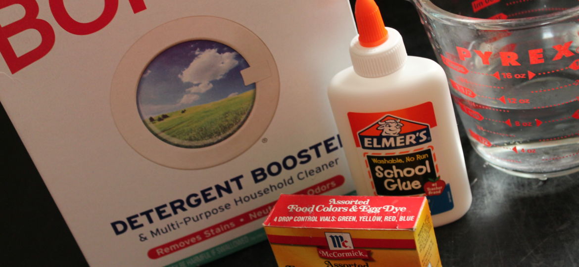 Ingredients for slime: Borax, water, glue, food coloring