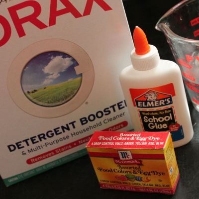 Ingredients for slime: Borax, water, glue, food coloring