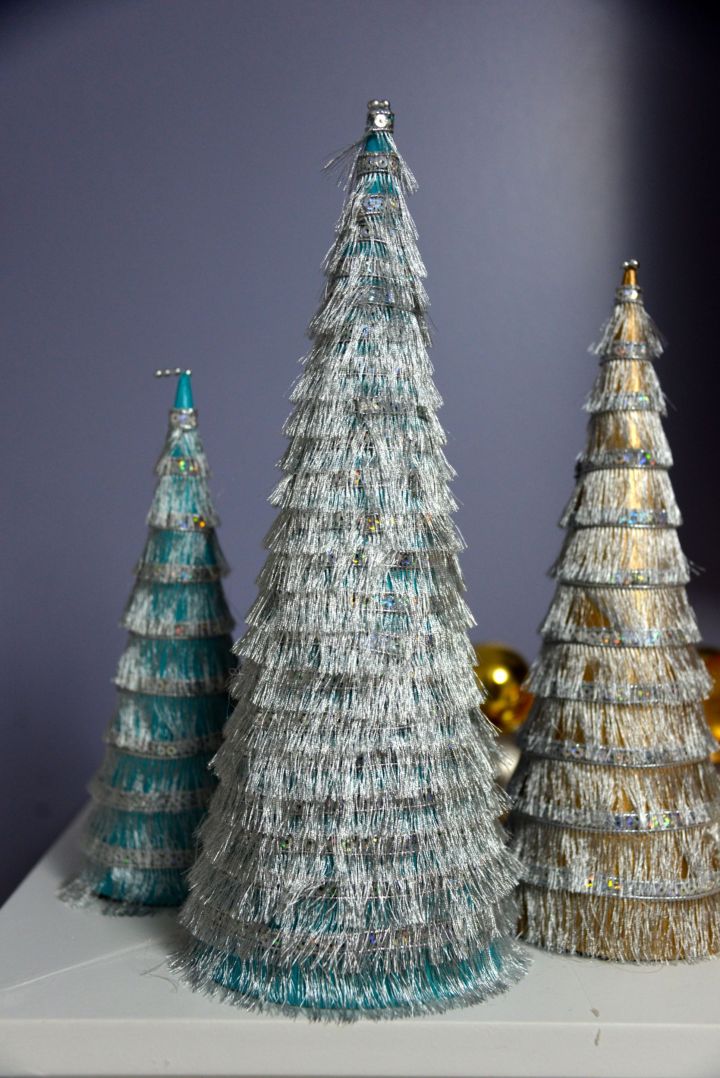 Festive DIY Cone Christmas Trees Decorated With Fringe Ribbon < Craftidly