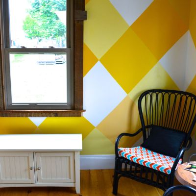 Painting diamond pattern in the sunroom