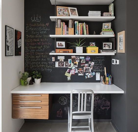 More casual than most home office fantasies, the chalk board is practical. I can't say how many times my son has walked off with my note paper and pen.
