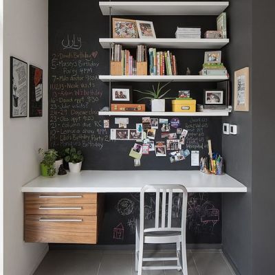 More casual than most home office fantasies, the chalk board is practical. I can't say how many times my son has walked off with my note paper and pen.