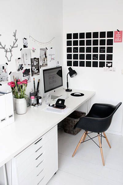 Simple black and white decor might be a good backdrop for those of us who juggle many different kinds of work-at-home jobs. The home office can be whatever helps you get that list done.