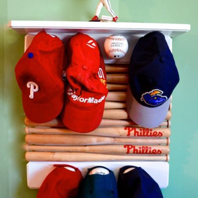 We made this shelf for a little baseball player's boy cave