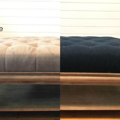 Ottoman before after Theresa MyFixitUpLife reupholster denim