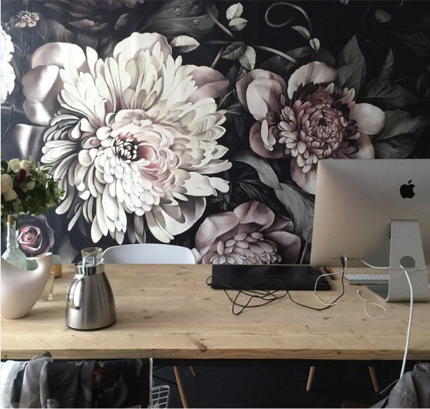 Rich, dark, and oversized? Yes, bold floral wallpaper is