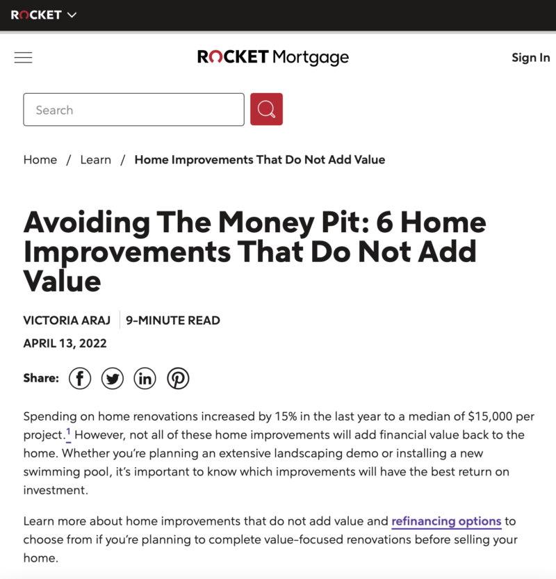 Rocket Mortgage home projects with low ROI
