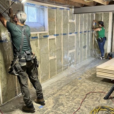 Mark and Theresa install Rockwool insulation and Membrane plastic sheeting