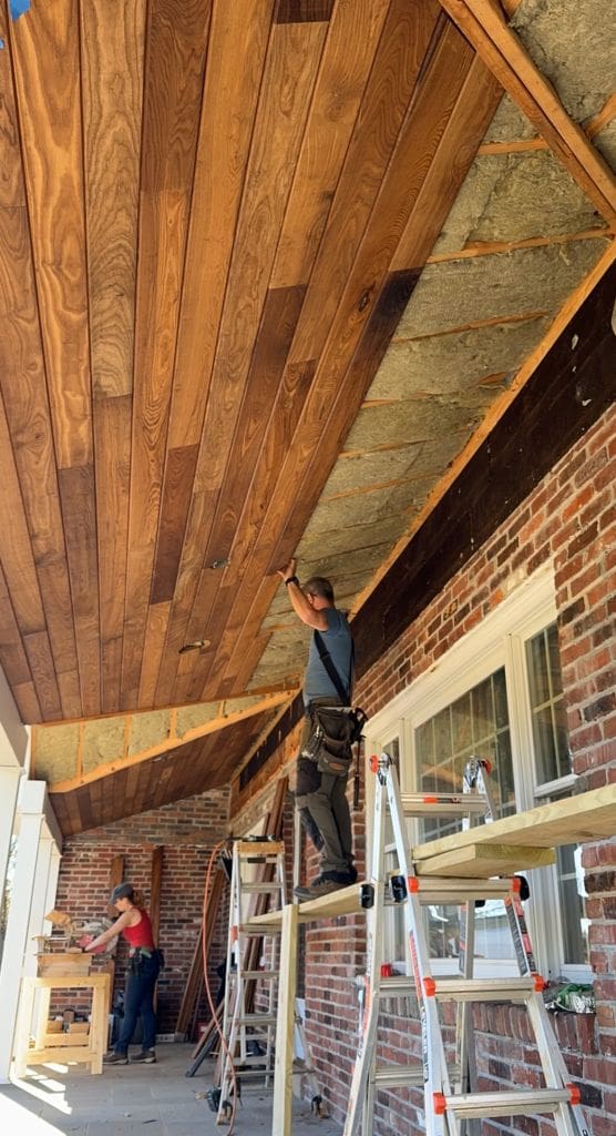 Theresa cut station miter saw - Mark installing WoodPlank ceiling - myfixituplife