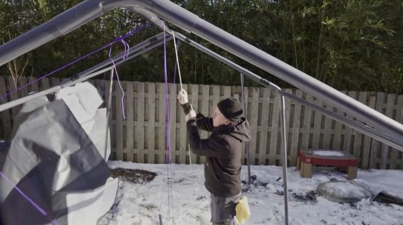 Install the cover using rope and a few handy knows - the Abba Patio Carport for winter jobsite carport office - MyFixitUpLife