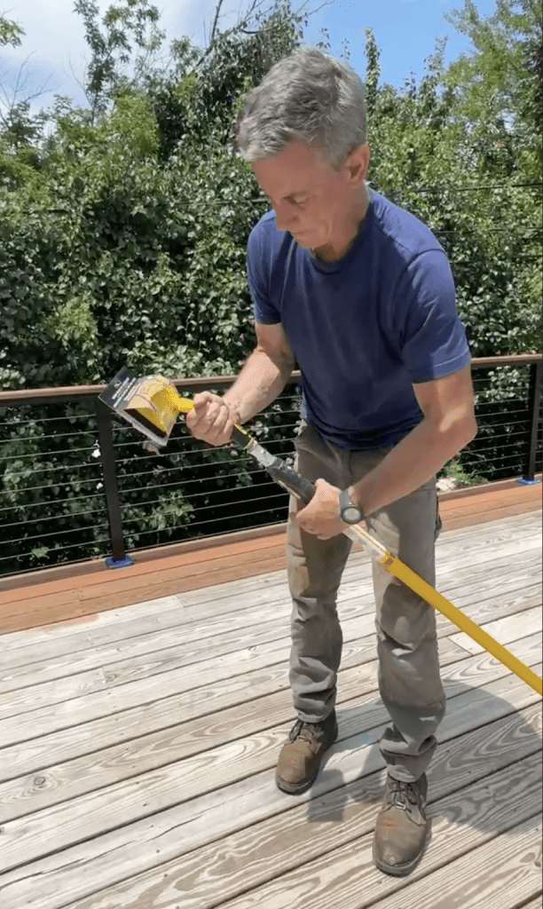 Mark wearing Brunt Workwear Sullivan boots while staining a deck Best Work Boots for DIYers Sullivan Boots by Brunt Workwear MyFixitUpLife Mark wearing Brunt Workwear Sullivan boots while staining a deck